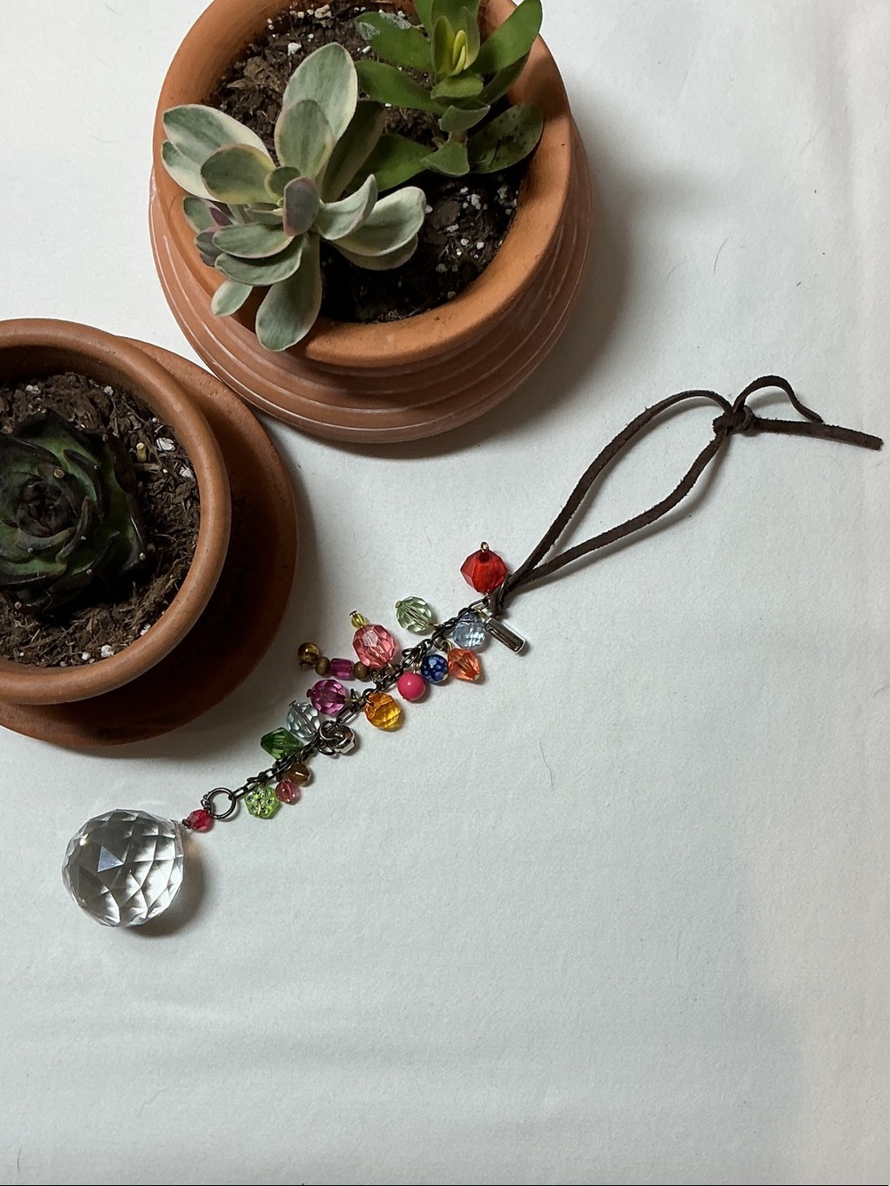NATURAL LIFE Multicolor Crystal Car Mirror Charm with Brown Suede Cord